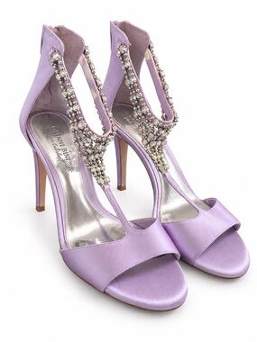 Gianni Bini Lavender Crystal T-Strap Satin Heels 7.5 Prom/Formal  3 inch Heels